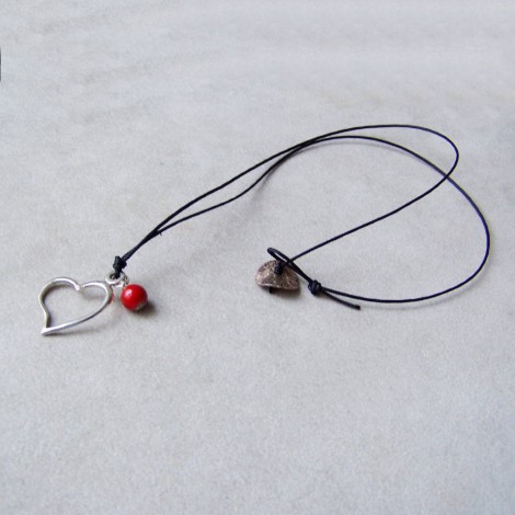 Silver heart pendant, silver heart outline with a red bead charm, 2