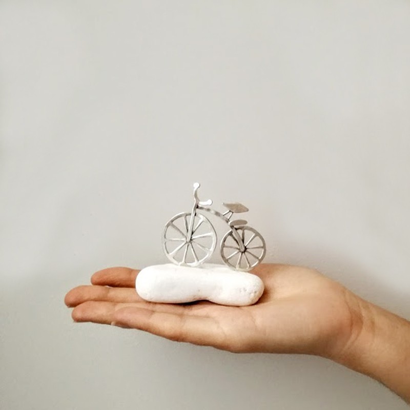 Silver bicycle sculpture, mini bike...