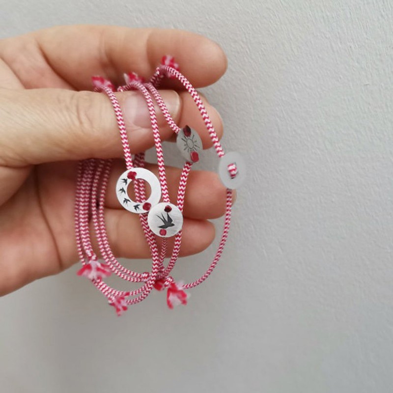 March silver bracelet, red white bracelet with various charms
