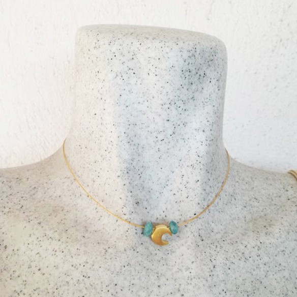 Gold moon necklace, gold moon bead with aquamarine stones