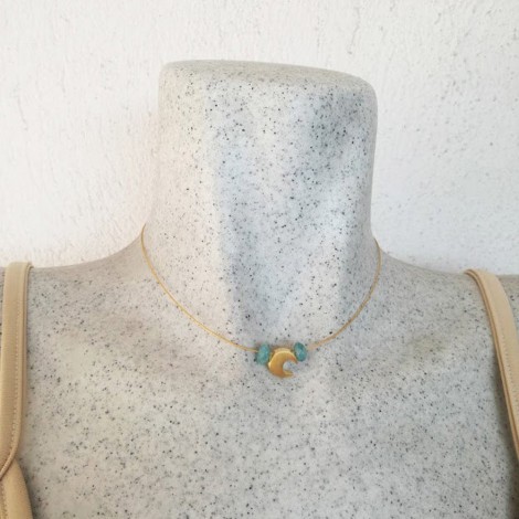 Gold moon necklace, gold moon bead with aquamarine stones 2