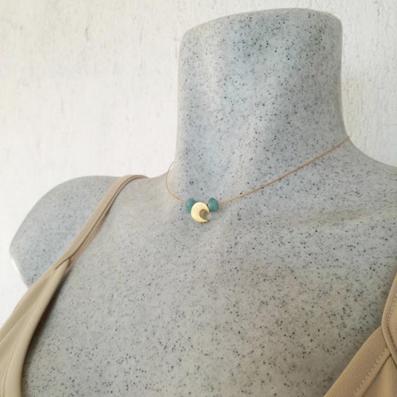 Gold moon necklace, gold moon bead with aquamarine stones