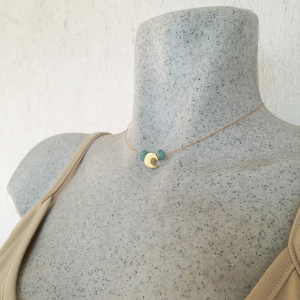 Gold moon necklace, gold moon bead with aquamarine stones