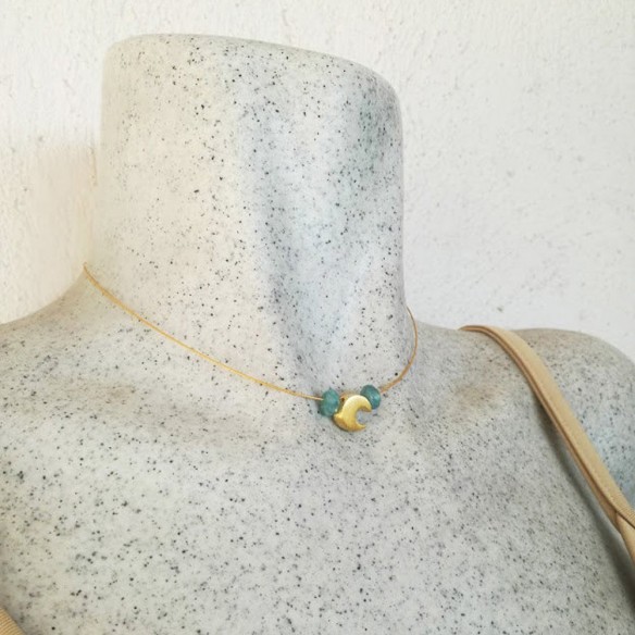 Gold moon necklace, gold moon bead with aquamarine stones