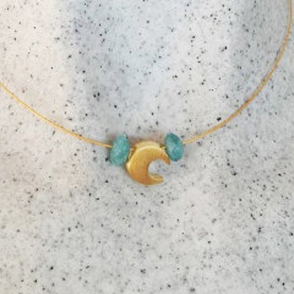 Gold moon necklace, gold moon bead with aquamarine stones