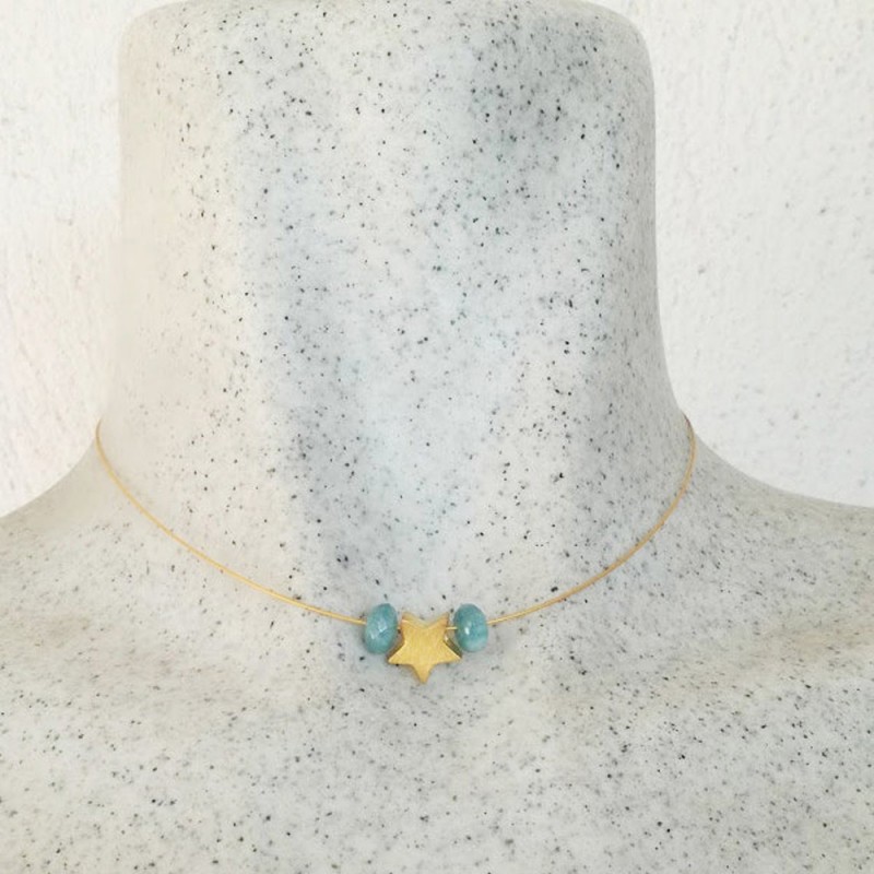 Gold star necklace, gold star bead with aquamarine stones