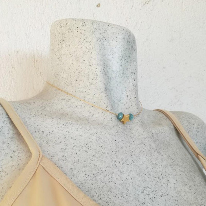 Gold star necklace, gold star bead with aquamarine stones