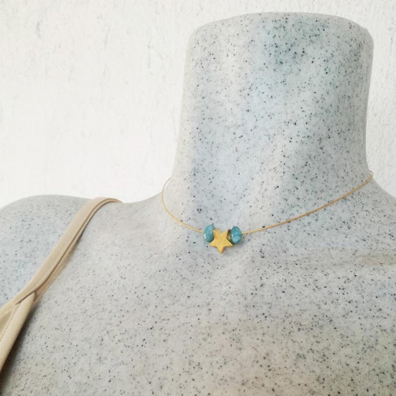 Gold star necklace, gold star bead with aquamarine stones