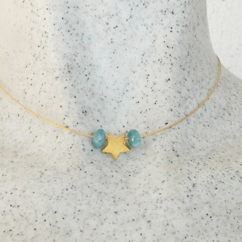 Gold star necklace, gold star bead with aquamarine stones