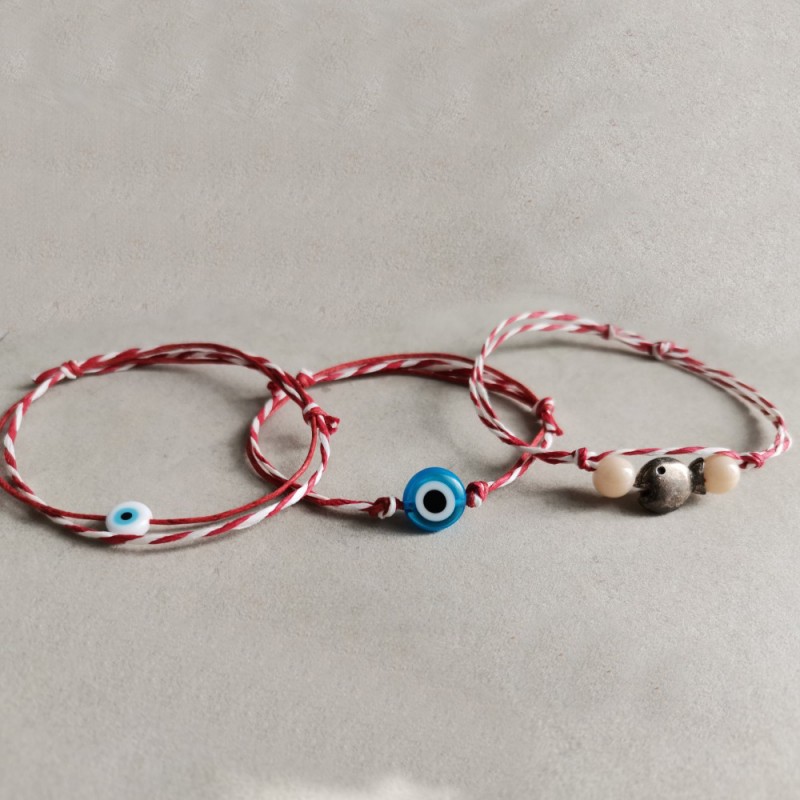 Blue eye bracelet, red white March bracelet with blue eye or fish charm