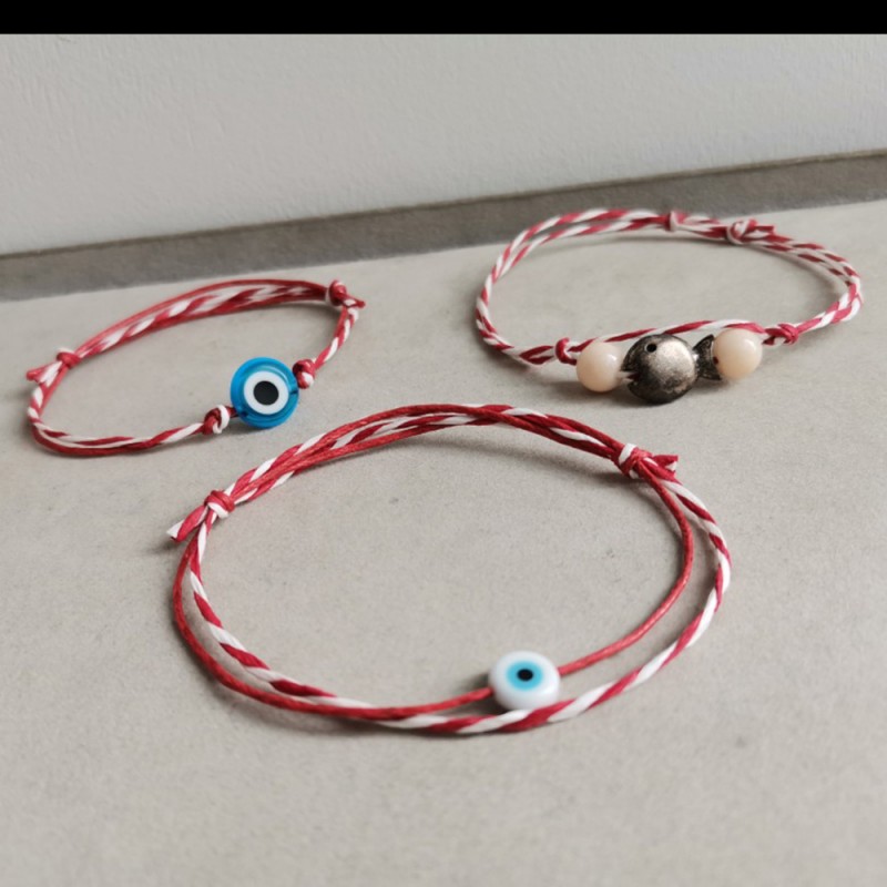 Blue eye bracelet, red white March bracelet with blue eye or fish charm