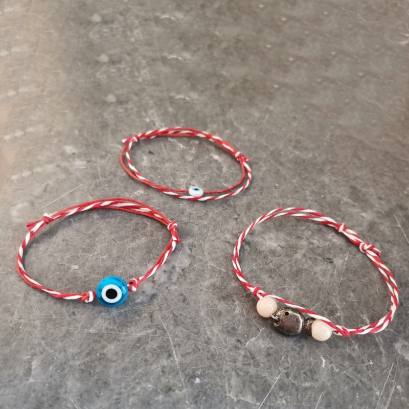 Blue eye bracelet, red white March bracelet with blue eye or fish charm
