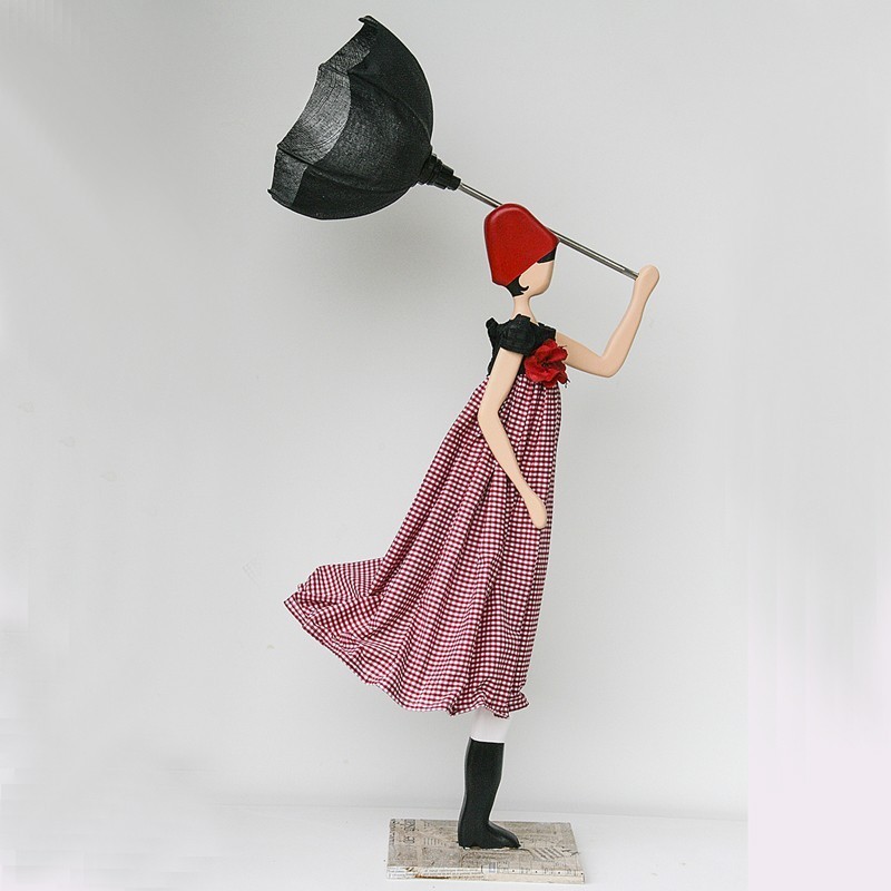 Wooden table lamp, girl with umbrella...