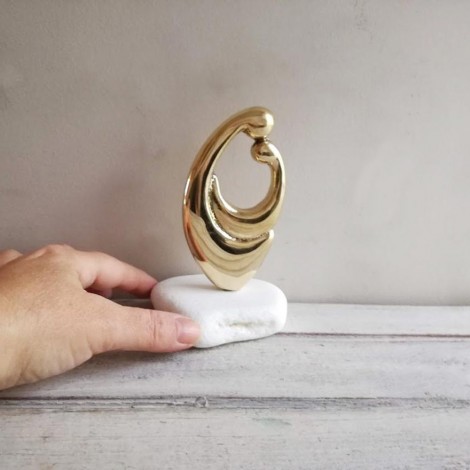Brass mother child sculpture, abstract brass motherhood 2