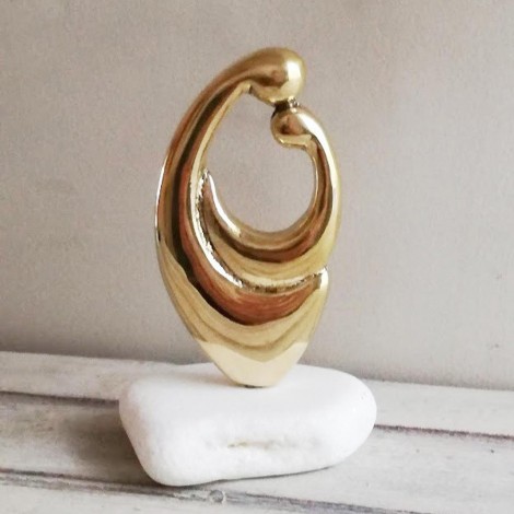 Brass mother child sculpture, abstract brass motherhood
