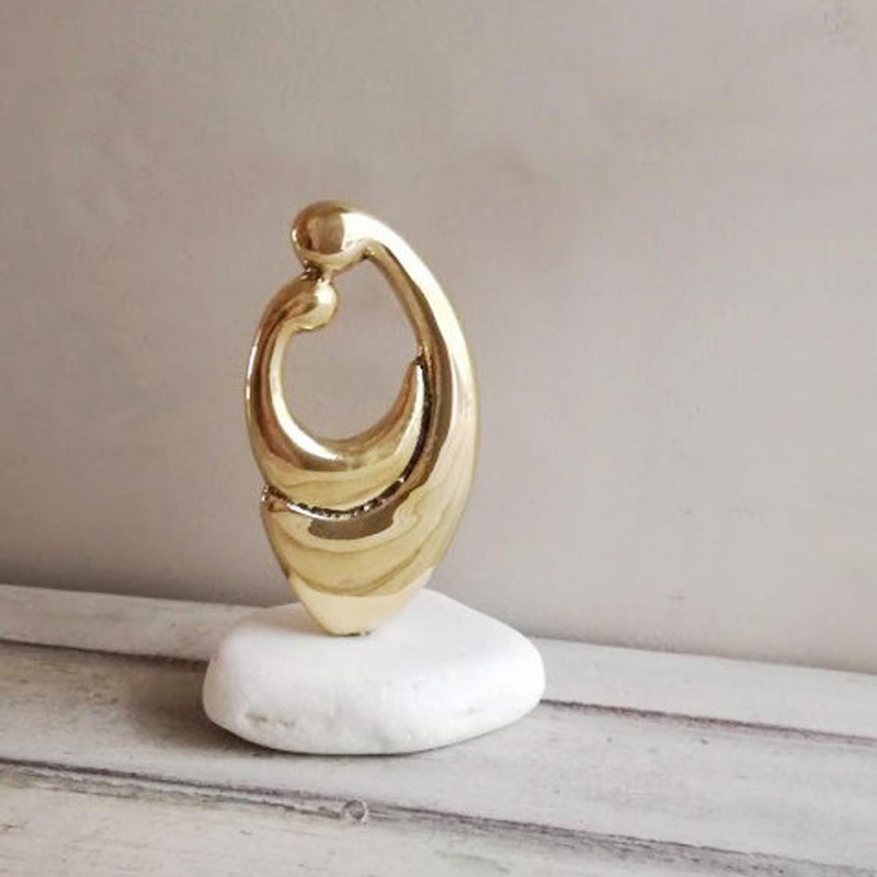Brass mother child sculpture, abstract brass motherhood