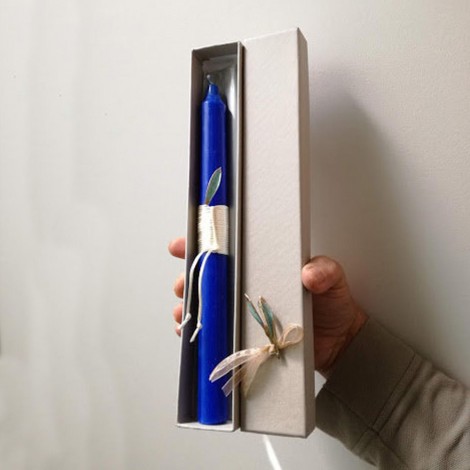 Easter candle in gray box, olive leaves on royal blue 2