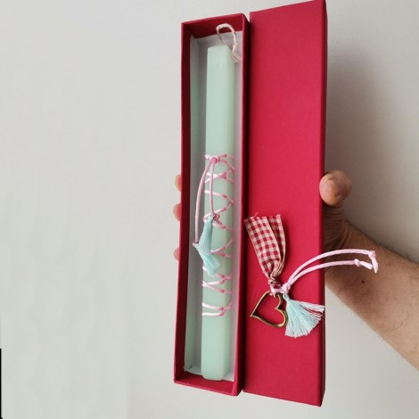 Easter candle in a box, red paper box with brass heart charm 2