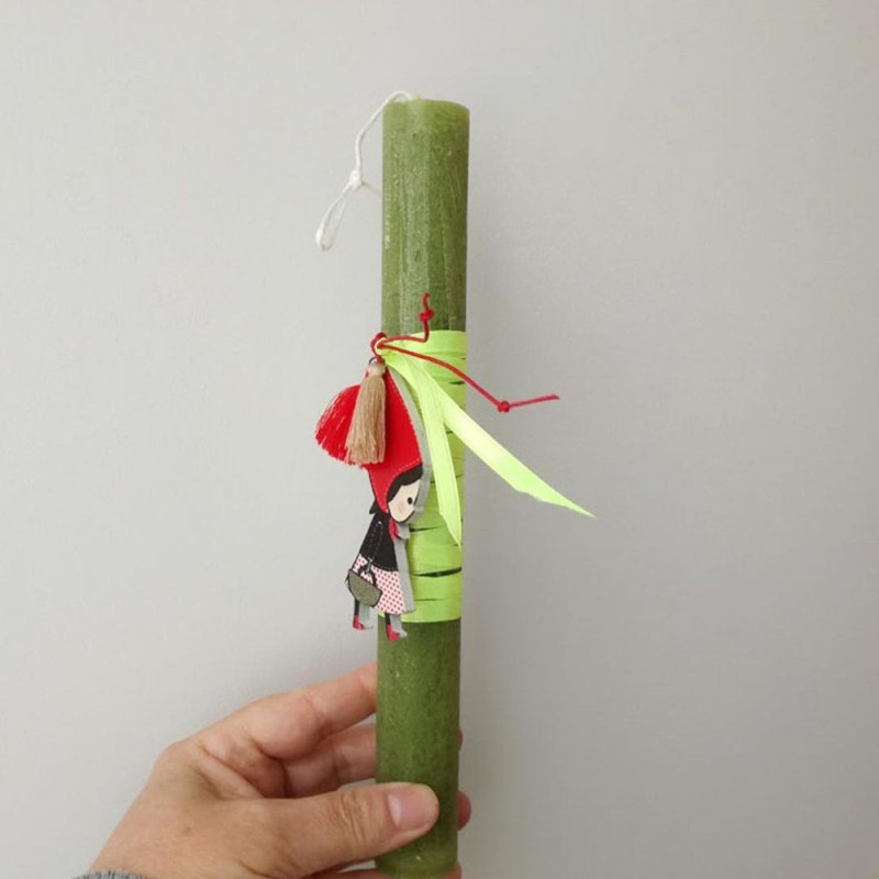 Red Riding Hood Easter candle, olive green candle with Riding Hood cutout, Greek Easter candle for girls