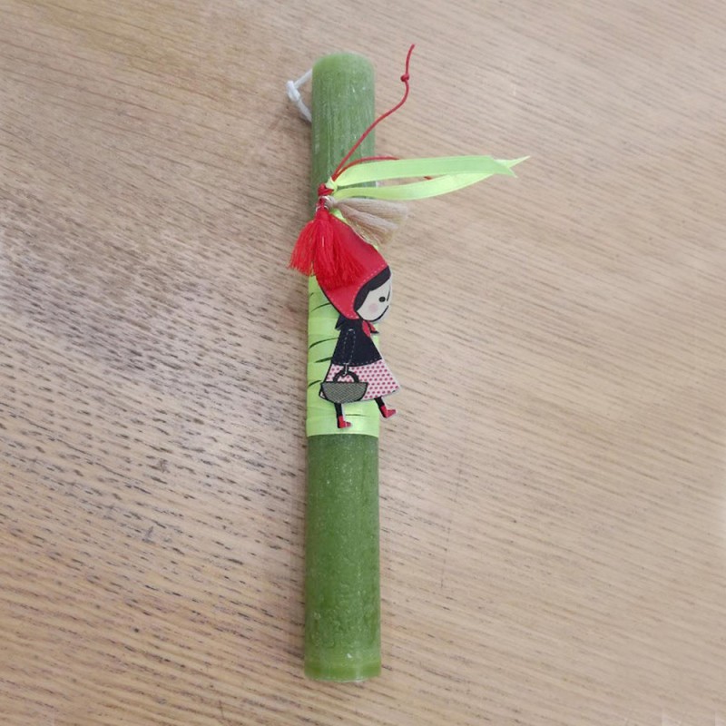 Red Riding Hood Easter candle, olive green candle with Riding Hood cutout, Greek Easter candle for girls