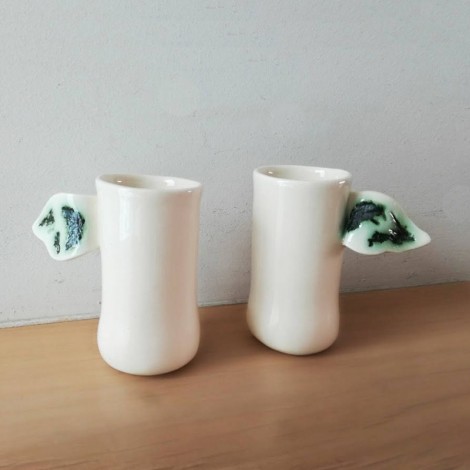White espresso cups, angel wing espresso cups, coffee cups of stoneware clay, handbuilt, quirky espresso shots, set of two