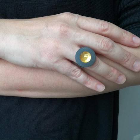 Gold black ring, sterling silver and resin ring 2