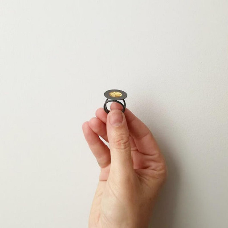 Gold black ring, sterling silver and resin ring