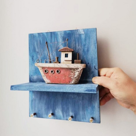 Boat key organiser, wooden shelf wooden boat miniature key hangers, 2