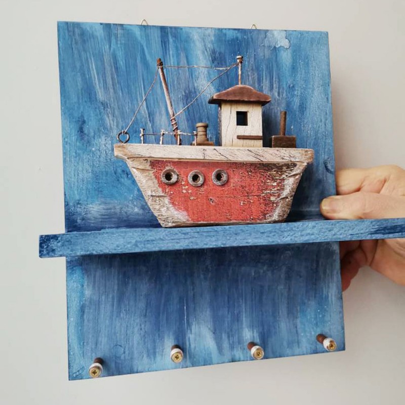 Boat key organiser, wooden shelf wooden boat miniature key hangers,