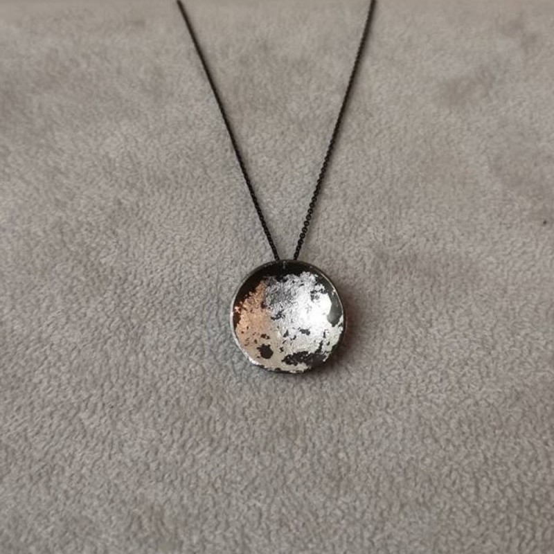 Oxidised silver pendant, silver black pedant on black, silver chain