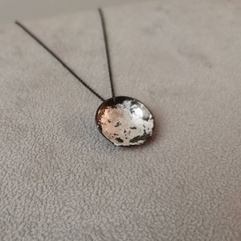Oxidised silver pendant, silver black pedant on black, silver chain