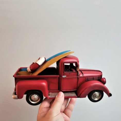Red truck with surfboards, retro style, pick up truck miniature