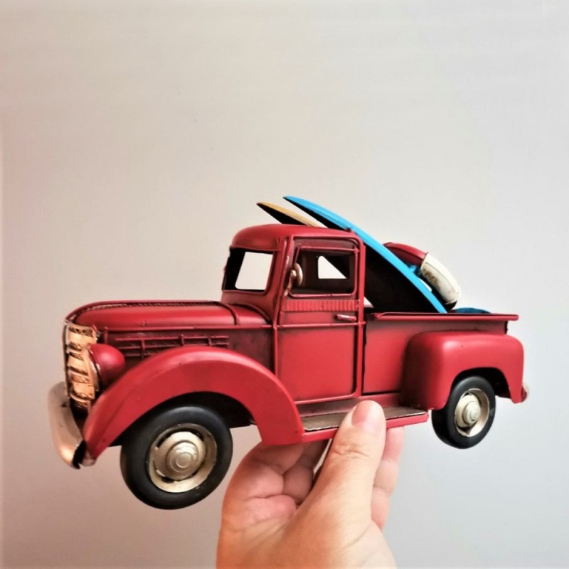 Red truck with surfboards, retro style, pick up truck miniature
