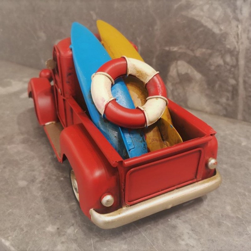 Red truck with surfboards, retro style, pick up truck miniature