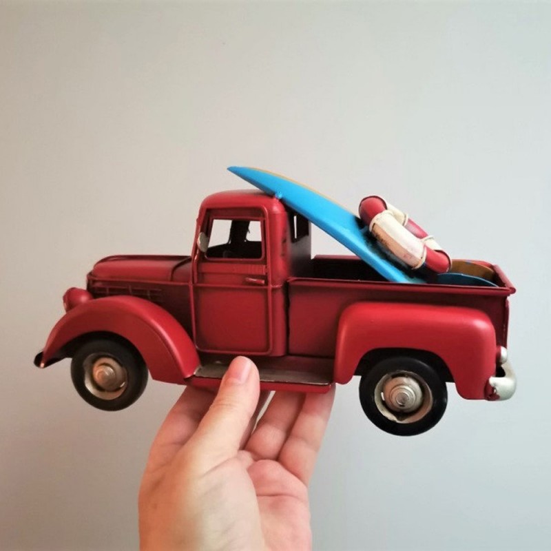 Red truck with surfboards, retro style, pick up truck miniature