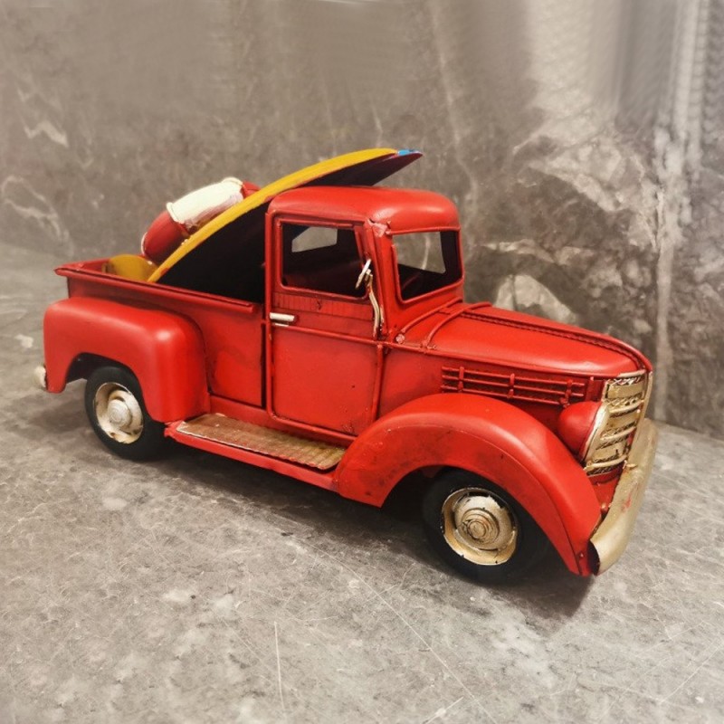Red truck with surfboards, retro style, pick up truck miniature