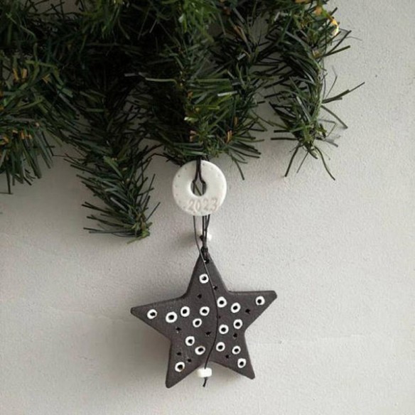 Christmas tree star ornament with 2026 charm, black star with white dots and white, porcelain beads