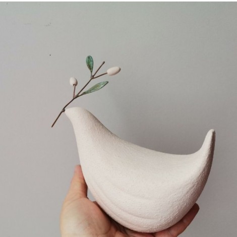 White dove sculpture, stoneware clay, unglazed dove figure with olive bough in beak, bird of peace gift 2