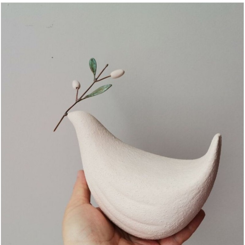 White dove sculpture, stoneware clay, unglazed dove figure with olive bough in beak, bird of peace gift