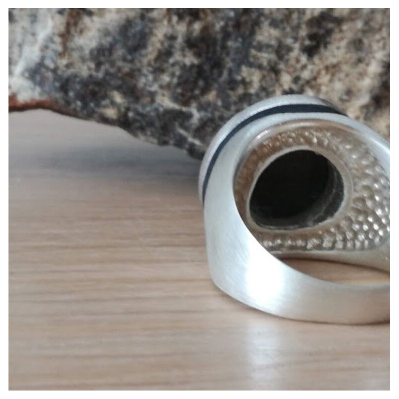 Mens silver ring, onyx stone sterling silver ring for men, flat black onyx ring in round setting with groove underneath, minimal