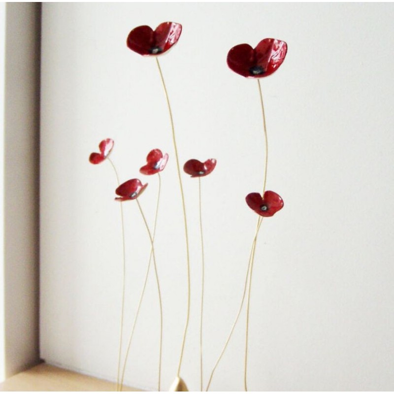 Red poppy sculptures, five poppies brass sculptures on thin brass stems, delicate poppy sculptures, red gold poppies art object,