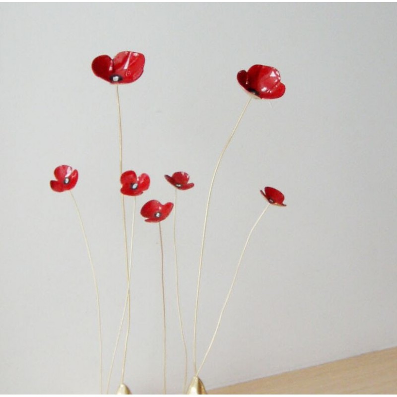 Red poppy sculptures, five poppies brass sculptures on thin brass stems, delicate poppy sculptures, red gold poppies art object,