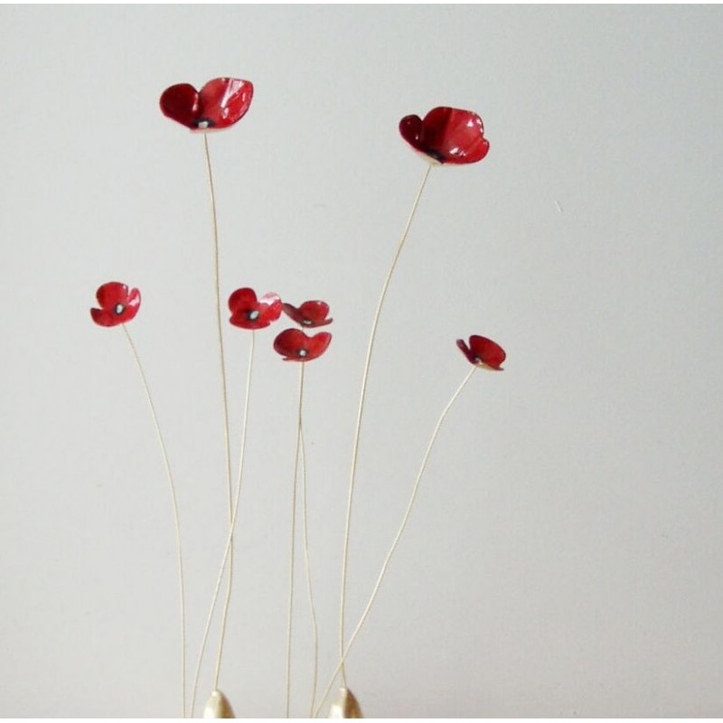 Red poppy sculptures, five poppies brass sculptures on thin brass stems, delicate poppy sculptures, red gold poppies art object,