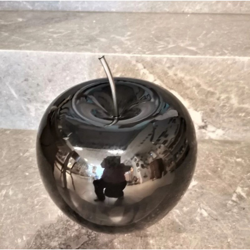 Black apple sculpture, large black ceramic apple with black, iron stem