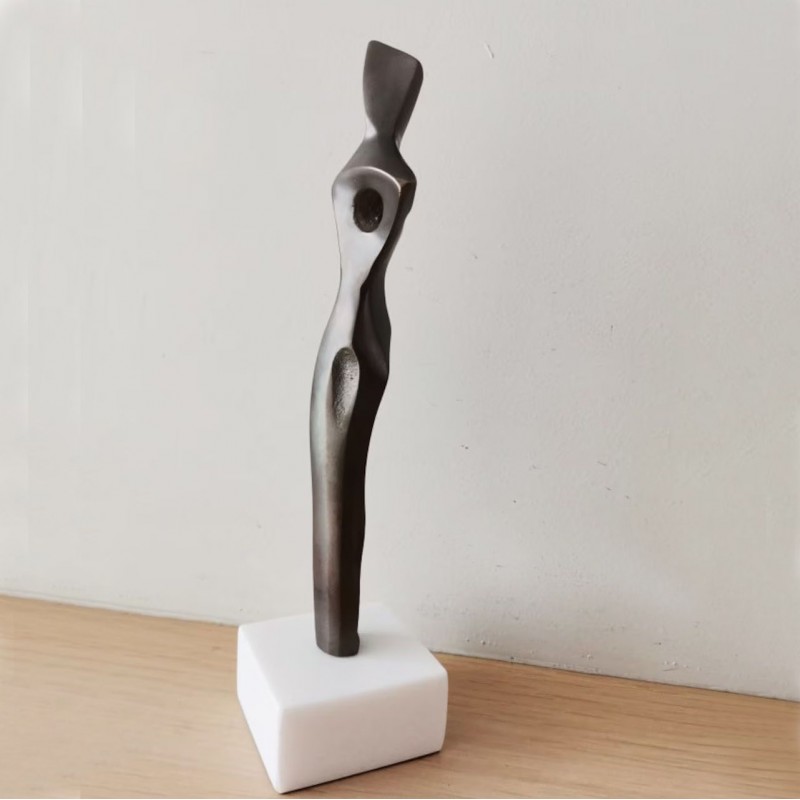 Abstract figure sculpture, solid brass, brute minimalist aesthetic, oxidised brass woman figure on marble