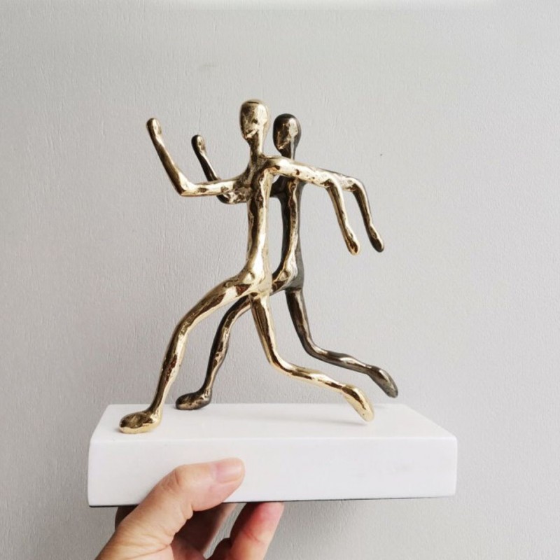 Two runners sculpture, brass runners sculpture onmarble base, runners figures on white base, Greek athlete - runner statuettes