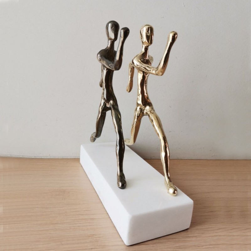 Two runners sculpture, brass runners sculpture onmarble base, runners figures on white base, Greek athlete - runner statuettes