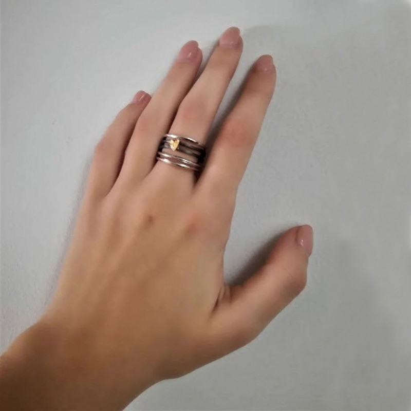 Multi band ring with heart, silver gold band ring with five thin bands and tiny heart, silver gold plated thin bands heart ring