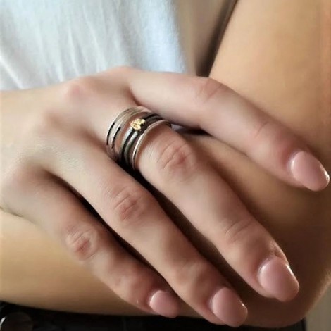 Multi band ring with heart, silver gold band ring with five thin bands and tiny heart, silver gold plated thin bands heart ring
