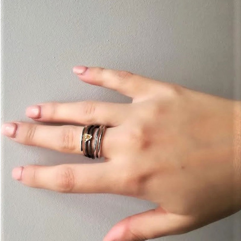 Multi band ring with heart, silver gold band ring with five thin bands and tiny heart, silver gold plated thin bands heart ring